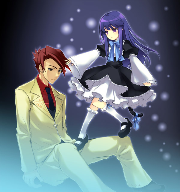 ???_(pixiv), blue_hair, cat_tail, dress, frederica_bernkastel, frills, honda_tamanosuke, jacket