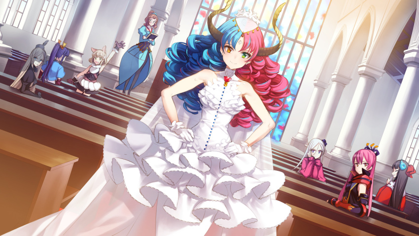 6+girls, alexander_(eiyuu_senki), animal_ears, aristotle_(eiyuu_senki), arm_up, bangs, blonde_hair, blue_hair