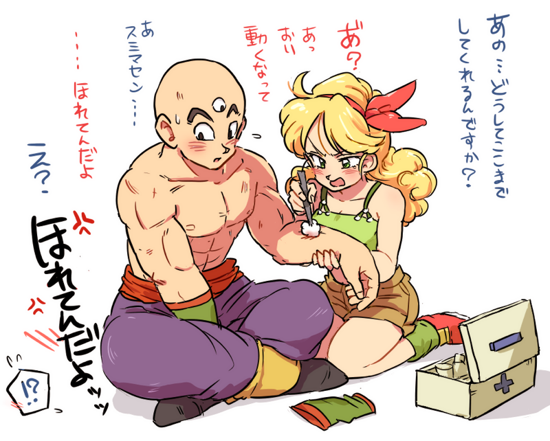 !?, 1boy, 1girl, annoyed, bald, between_legs, blonde_hair, cotton_ball
