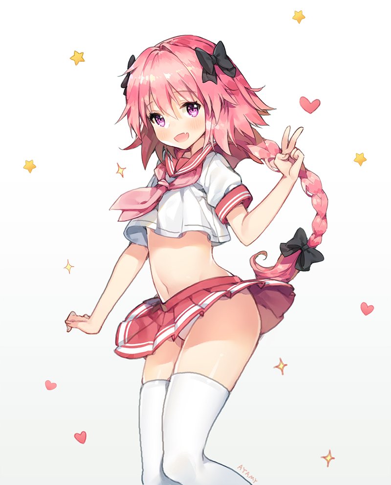 1boy, androgynous, ayami_(annahibi), black_bow, bow, braid, fang, fate/apocrypha