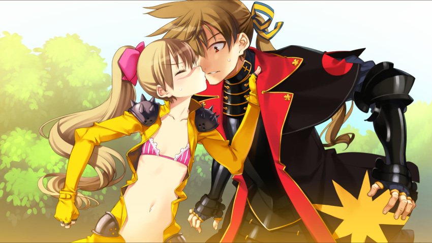 1boy, 1girl, armor, billy_the_kid_(eiyuu_senki), blonde_hair, bodysuit, bra, brown_hair
