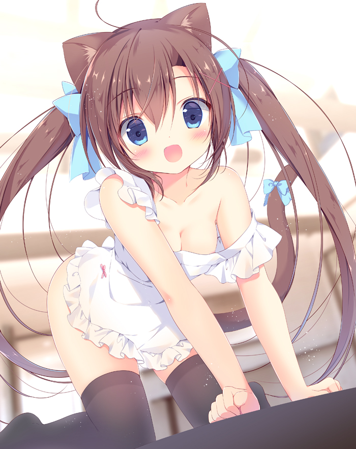 1girl, :d, ahohe, all_fours, animal_ears, apron, blue_eyes, blurry, bow, breasts, brown_hair, cat_ears, cat_tail, cleavage, commentary_request, depth_of_field, hair_bow, hair_ornament, hair_ribbon, hairpin, long_hair, looking_at_viewer, miyasaka_miyu, naked_apron, open_mouth, original, ribbon, smile, solo, tail, tail_ribbon, thigh-highs, twintails, white_apron, zettai_ryouiki