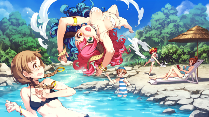 5girls, alexander_(eiyuu_senki), aristotle_(eiyuu_senki), armlet, bikini, blonde_hair, blue_hair, blue_swimsuit, book, bracelet, braid, breasts, brown_eyes, brown_hair, cleavage, clouds, cloudy_sky, cook_(eiyuu_senki), eiyuu_senki, eiyuu_senki_gold, game_cg, glasses, green_eyes, hair_ornament, hair_ribbon, heterochromia, horns, inou_tadataka, jewelry, legs, long_hair, lying, magellan_(eiyuu_senki), multicolored_hair, multiple_girls, navel, one-piece_swimsuit, ooyari_ashito, open_mouth, orange_eyes, outdoors, parasol, reading, redhead, ribbon, short_hair, sky, striped, striped_swimsuit, sweatdrop, swimsuit, tears, tree, twin_braids, umbrella, water, white_swimsuit