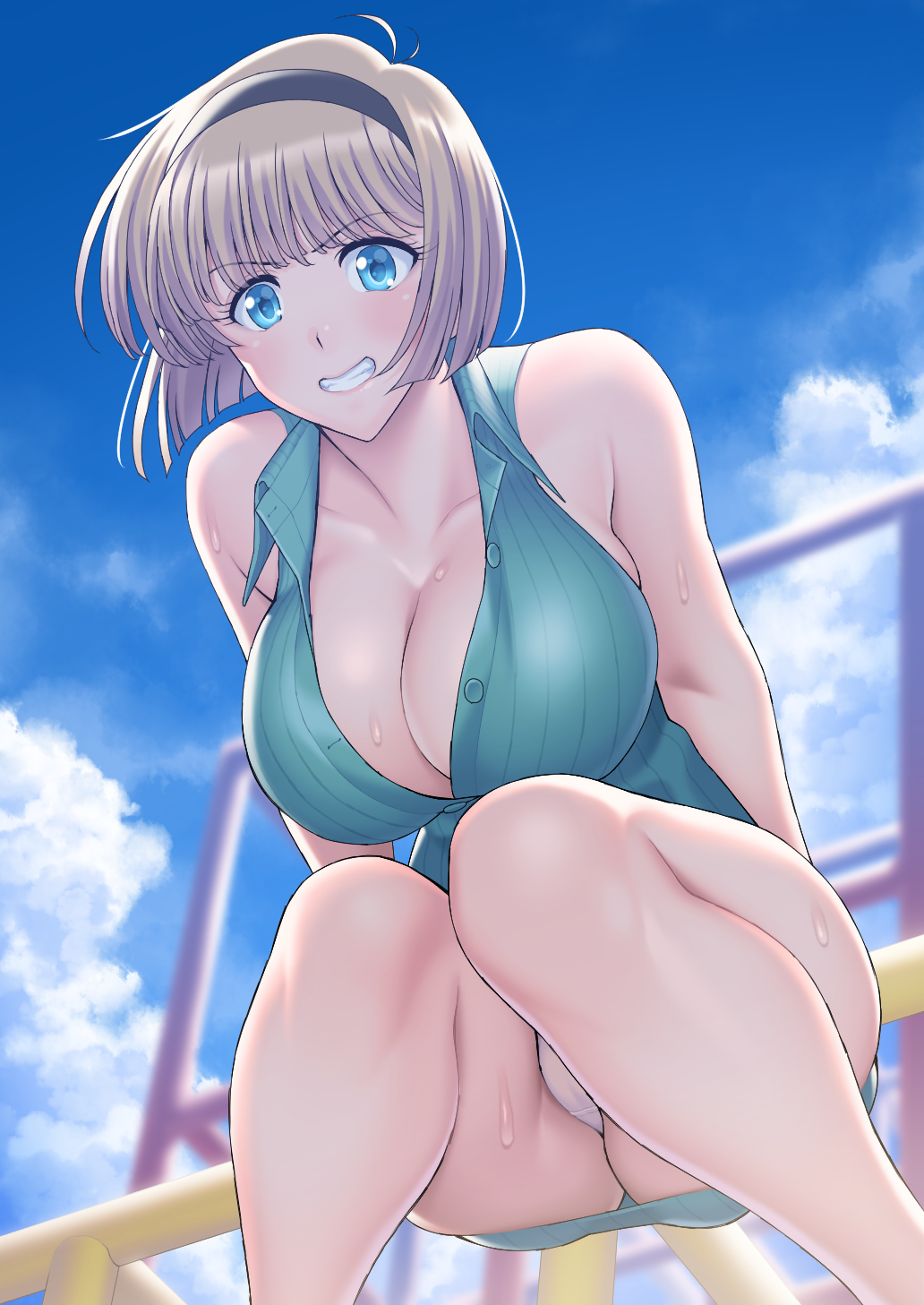 1girl, arms_behind_back, ass, bare_shoulders, blonde_hair, blue_dress, blue_sky, blurry, blush, breasts, cleavage, collarbone, commentary_request, day, depth_of_field, dress, eyebrows_visible_through_hair, green_eyes, hairband, highres, hosokawa_miki, jigoku_sensei_nube, large_breasts, no_bra, outdoors, panties, pantyshot, parted_lips, playground, short_hair, sky, sleeveless, sleeveless_dress, smile, solo, squatting, suzume_inui, teeth, underwear, white_panties