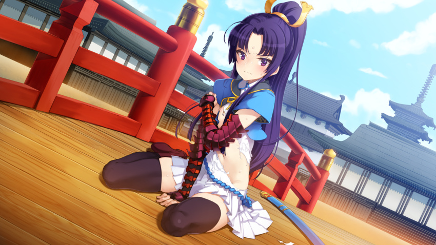 1girl, black_legwear, blush, eiyuu_senki, eiyuu_senki_gold, game_cg, gauntlets, long_hair, minamoto_no_yoshitsune_(eiyuu_senki), navel, ooyari_ashito, ponytail, purple_hair, sitting, skirt, solo, sweatdrop, thigh-highs, torn_clothes, violet_eyes