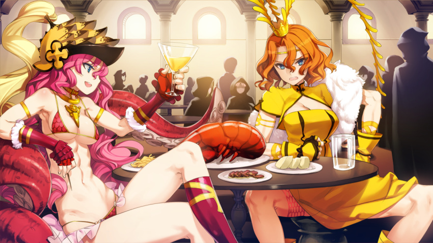 2girls, abs, alcohol, alwida_(eiyuu_senki), armlet, bare_shoulders, bikini, blue_eyes