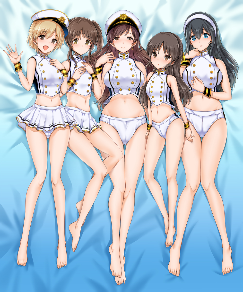10s, 5girls, :d, aiba_yumi, bangs, bare_legs, barefoot, bikini, bikini_skirt, black_hair, blonde_hair, blue_eyes, blush, breasts, brown_eyes, closed_mouth, eyebrows_visible_through_hair, feet, full_body, hair_between_eyes, hairband, half_updo, hand_on_own_chest, hand_up, hands_up, hat, highres, hips, idolmaster, idolmaster_cinderella_girls, large_breasts, long_hair, looking_at_viewer, lying, maruwa_tarou, medium_breasts, miniskirt, multiple_girls, navel, nitta_minami, on_back, open_mouth, parted_lips, peaked_cap, sagisawa_fumika, sailor_bikini, sailor_collar, short_hair, side_ponytail, skirt, smile, swimsuit, tachibana_arisu, takamori_aiko, tareme, thighs, wavy_hair, white_bikini, white_skirt