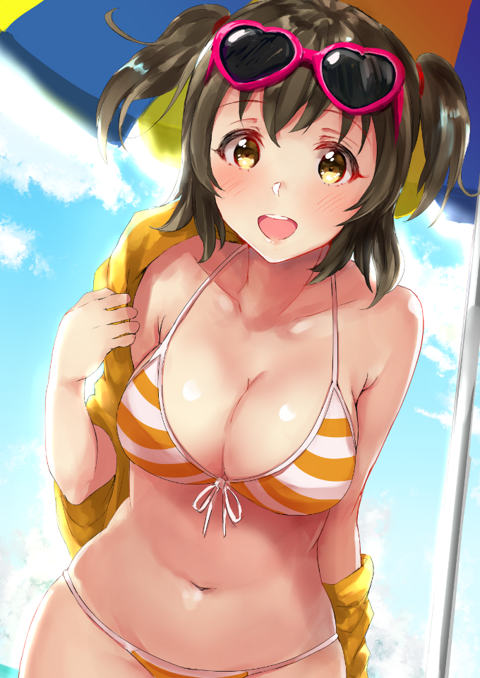 10s, :d, akagi_miria, beach_umbrella, bikini, blue_sky, breasts, brown_eyes