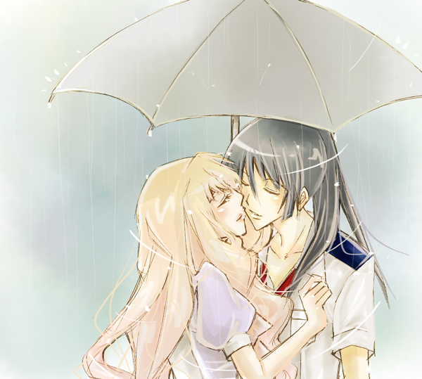 1girl, closed_eyes, couple, gigi, kiss, macross, macross_frontier, rain