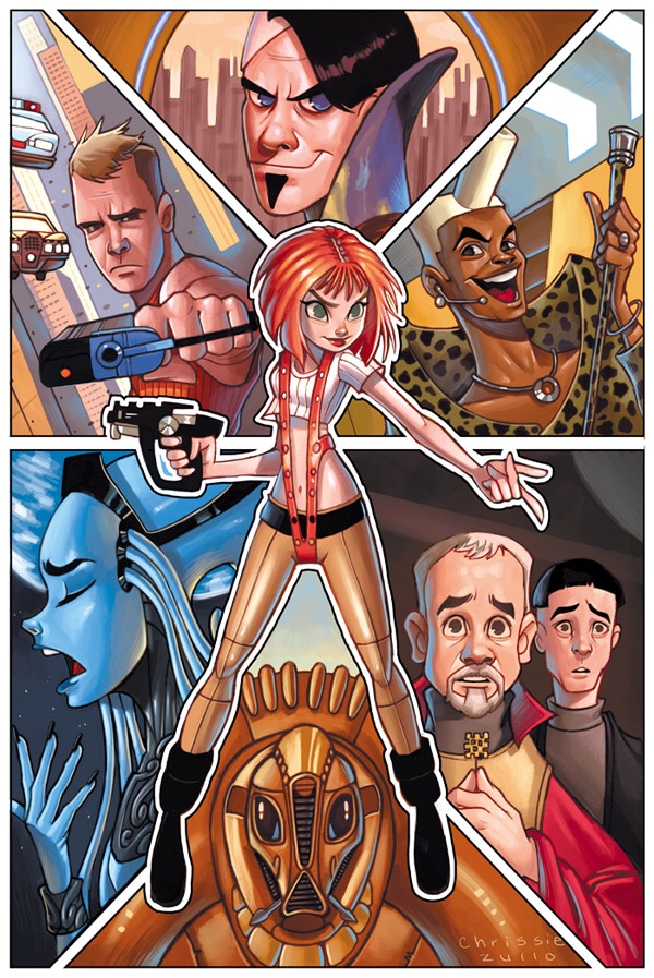 2girls, 5boys, artist_name, beard, black_hair, blonde_hair, blue_skin, chrissie_zullo, closed_eyes, crop_top, dark_skin, david_(the_fifth_element), diva_plavalaguna, earpiece, facial_hair, gun, handgun, jewelry, korben_dallas, leeloo_(the_fifth_element), microphone, midriff, multiple_boys, multiple_girls, navel, necklace, no_pupils, open_mouth, orange_hair, pompadour, robot, ruby_rhod, science_fiction, the_fifth_element, vito_cornelius, weapon, zorg_(the_fifth_element)