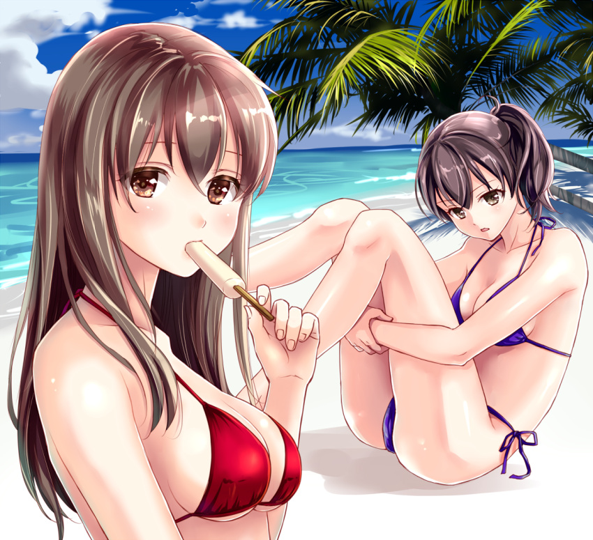 2girls, akagi_(kantai_collection), beach, bikini, blue_bikini, breasts, brown_hair, collarbone