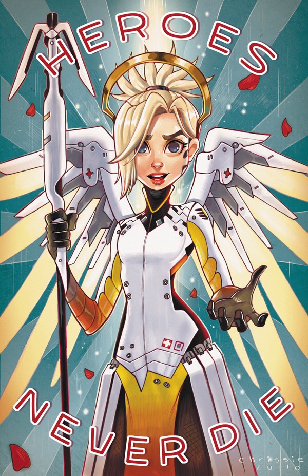 1girl, artist_name, black_gloves, chrissie_zullo, english, gloves, high_ponytail, lips, looking_at_viewer, mechanical_halo, mechanical_wings, mercy_(overwatch), open_mouth, overwatch, petals, solo, spread_wings, staff, wings, yellow_wings