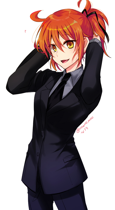 1girl, black_shirt, fate/grand_order, fate_(series), formal, fujimaru_ritsuka_(female), hair_ribbon, looking_at_viewer