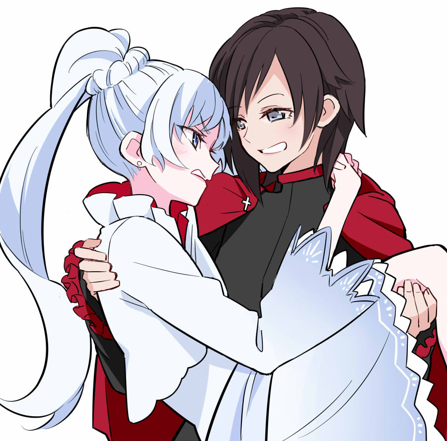 2girls, black_hair, blue_eyes, blush, cape, capelet, carrying, clenched_teeth, dress, frills, grey_eyes, long_sleeves, looking_at_another, multiple_girls, ponekusan, ponytail, princess_carry, red_cape, ruby_rose, rwby, simple_background, smile, teeth, weiss_schnee, white_background, white_hair, wide_sleeves, yuri