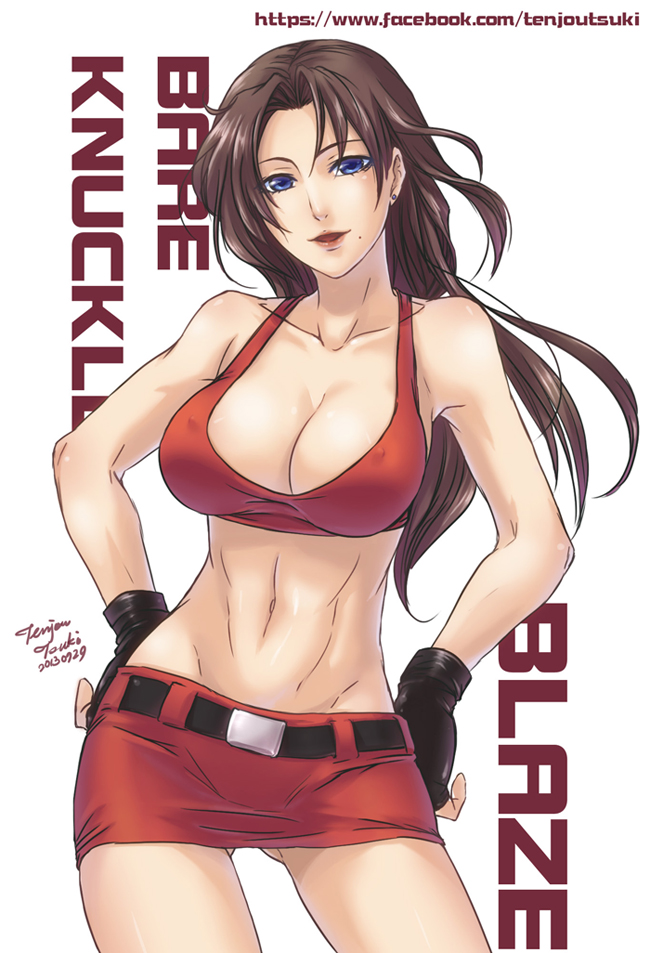 1girl, bare_knuckle, bare_shoulders, belt, black_gloves, blaze_fielding, blue_eyes, breasts