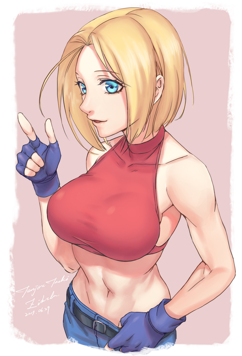 1girl, armpits, bare_shoulders, belt, black_gloves, blonde_hair, blue_eyes, blue_mary