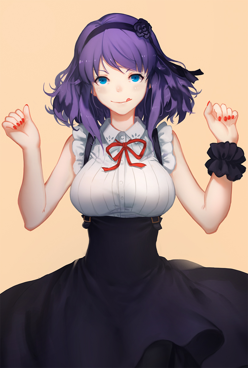 1girl, black_legwear, black_ribbon, black_rose, black_skirt, blue_eyes, breasts, dagashi_kashi