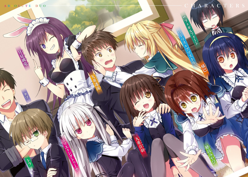 3boys, 6+girls, ;d, absolute_duo, animal_ears, apron, asaba_yuu, black_hair