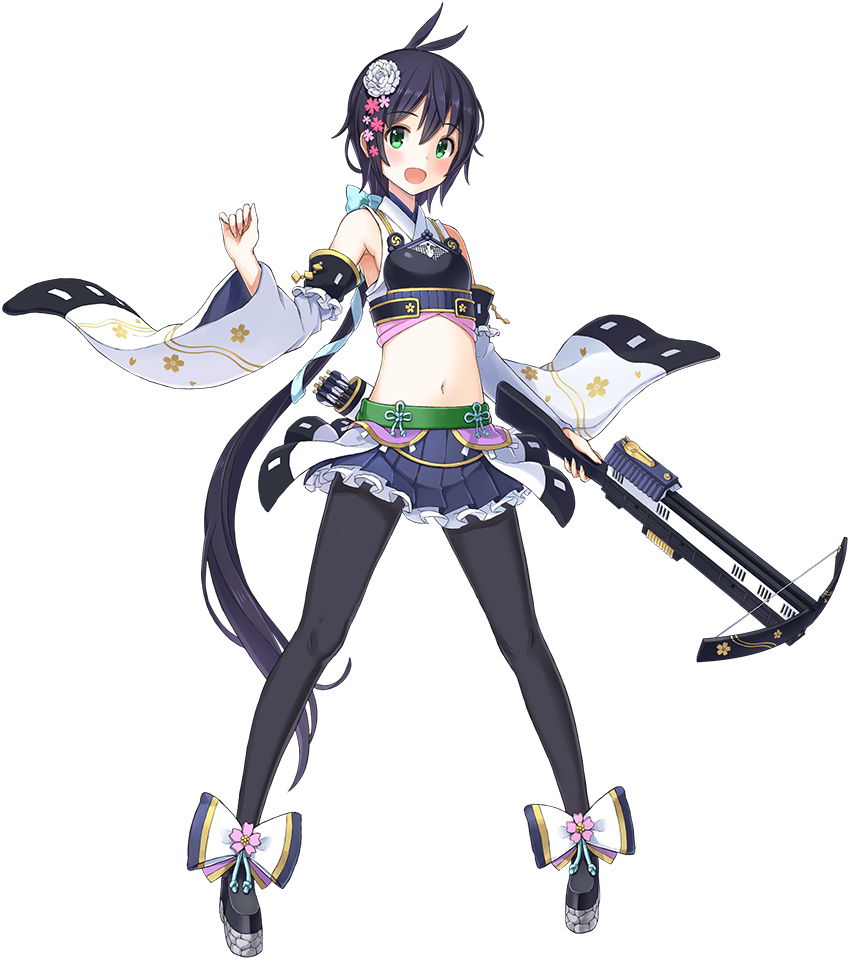 1girl, :d, antenna_hair, arrow, artist_request, blue_hair, blue_skirt, bowgun