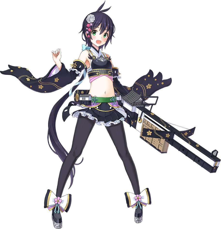 1girl, :d, antenna_hair, arrow, artist_request, blue_hair, blue_skirt, bowgun