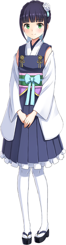 1girl, artist_request, bangs, blue_hair, blue_skirt, blunt_bangs, detached_sleeves, flower