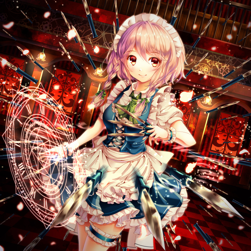 1girl, absurdres, apron, ascot, bangs, between_fingers, blue_dress, blush