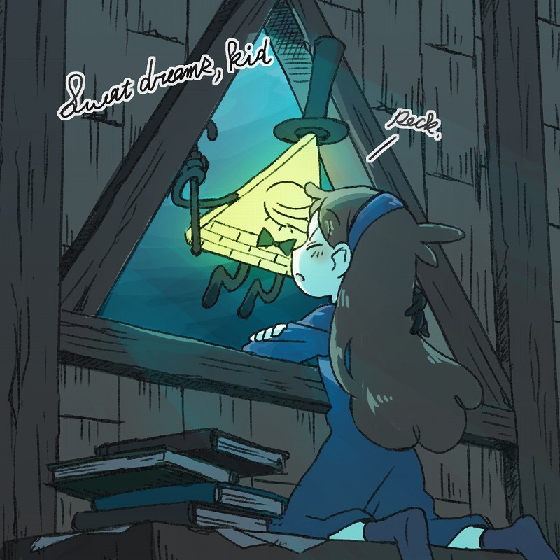 1girl, arm_support, bill_cipher, book, bow, bowtie, brown_hair, cane, closed_eyes, crossed_arms, english, forehead_kiss, gravity_falls, hairband, hand_on_another's_shoulder, hat, kiss, kneeling, long_hair, mabel_pines, night, nightgown, one-eyed, open_mouth, sanako_(sanagineko46), sleepwear, socks, top_hat, triangle, window, wooden_wall