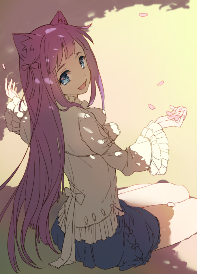 1girl, animal_ears, ayn_(unlight), bangs, blouse, blue_eyes, blue_skirt, blush
