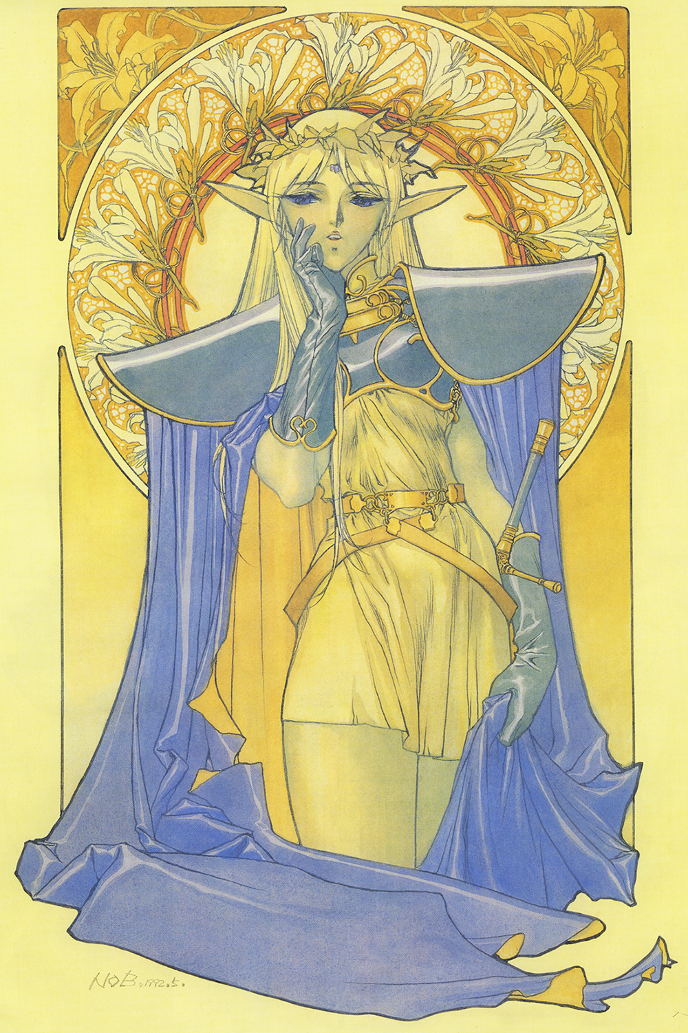 1girl, 90s, armor, blonde_hair, blue_eyes, cape, deedlit, flower