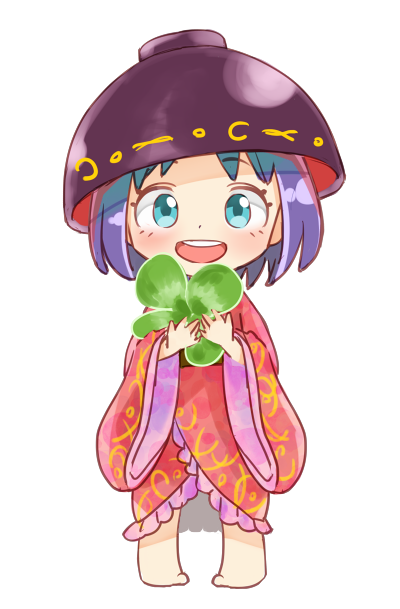 1girl, :d, barefoot, blue_eyes, bogyaku_no_m, bowl, bowl_hat, chibi, clover, eyebrows_visible_through_hair, four-leaf_clover, full_body, hands_up, hat, holding, holding_clover, japanese_clothes, kimono, long_sleeves, looking_at_viewer, obi, object_on_head, open_mouth, purple_hair, sash, short_hair, simple_background, smile, solo, sukuna_shinmyoumaru, touhou, white_background, wide_sleeves