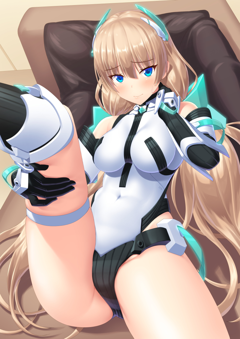 1girl, angela_balzac, bangs, black_gloves, black_legwear, blonde_hair, blue_eyes, blush