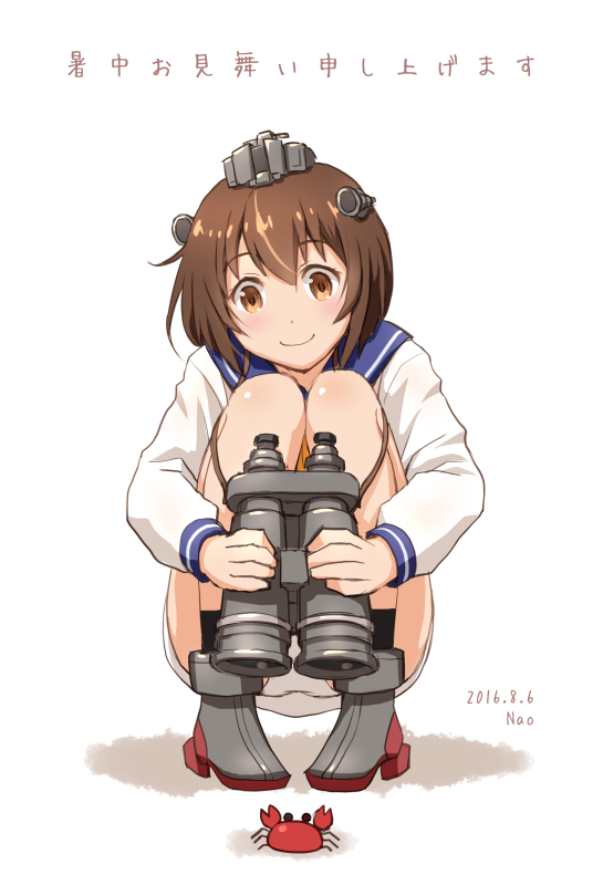 1girl, artist_name, binoculars, brown_eyes, brown_hair, crab, dated, dress