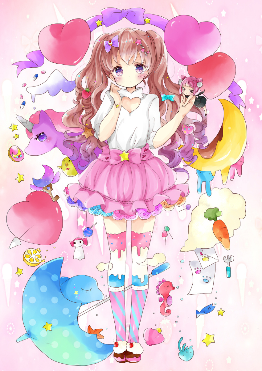 >:<, 2girls, air_bubble, arrow_through_heart, bare_arms, bat_wings, bird, black_dress