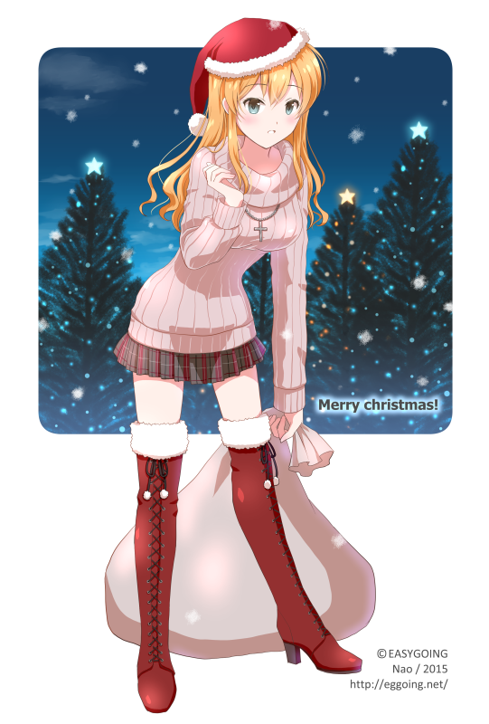 1girl, artist_name, bag, blonde_hair, blue_eyes, boots, christmas_tree, cross, cross-laced_footwear, full_body, hat, high_heel_boots, high_heels, jewelry, knee_boots, leaning_forward, merry_christmas, miniskirt, nao_(nao_eg), necklace, original, plaid, plaid_skirt, pleated_skirt, ribbed_sweater, santa_hat, skirt, snowing, solo, star, sweater, turtleneck, turtleneck_sweater, watermark, web_address
