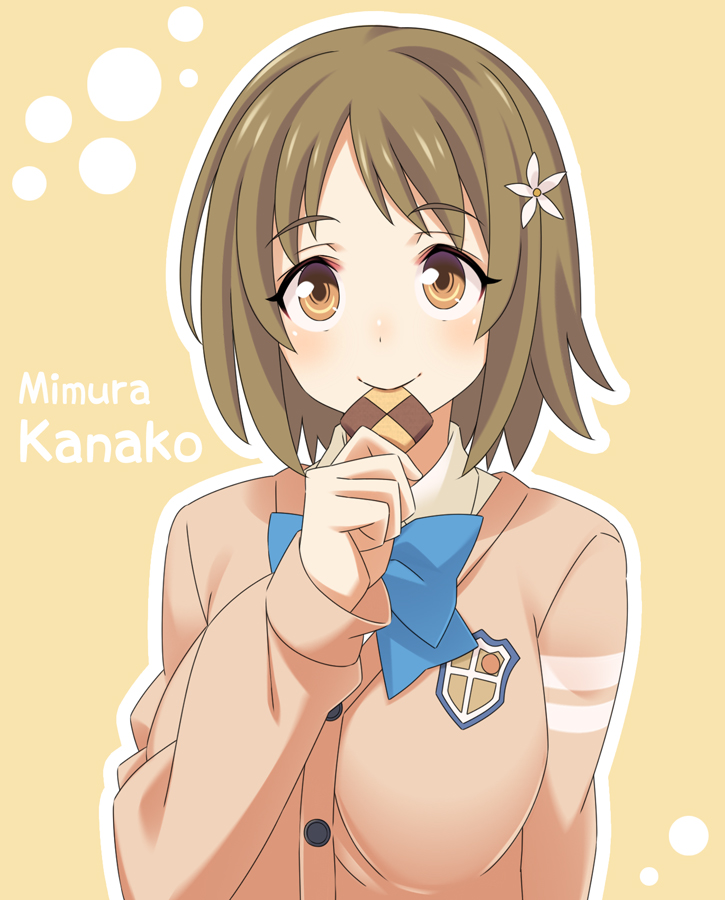 10s, bangs, blush, breasts, brown_eyes, brown_hair, character_name, chocolate