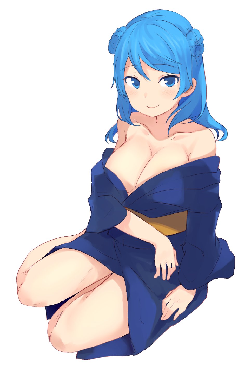 1girl, architecture, bare_shoulders, blue_eyes, blue_hair, blue_kimono, blush, breasts