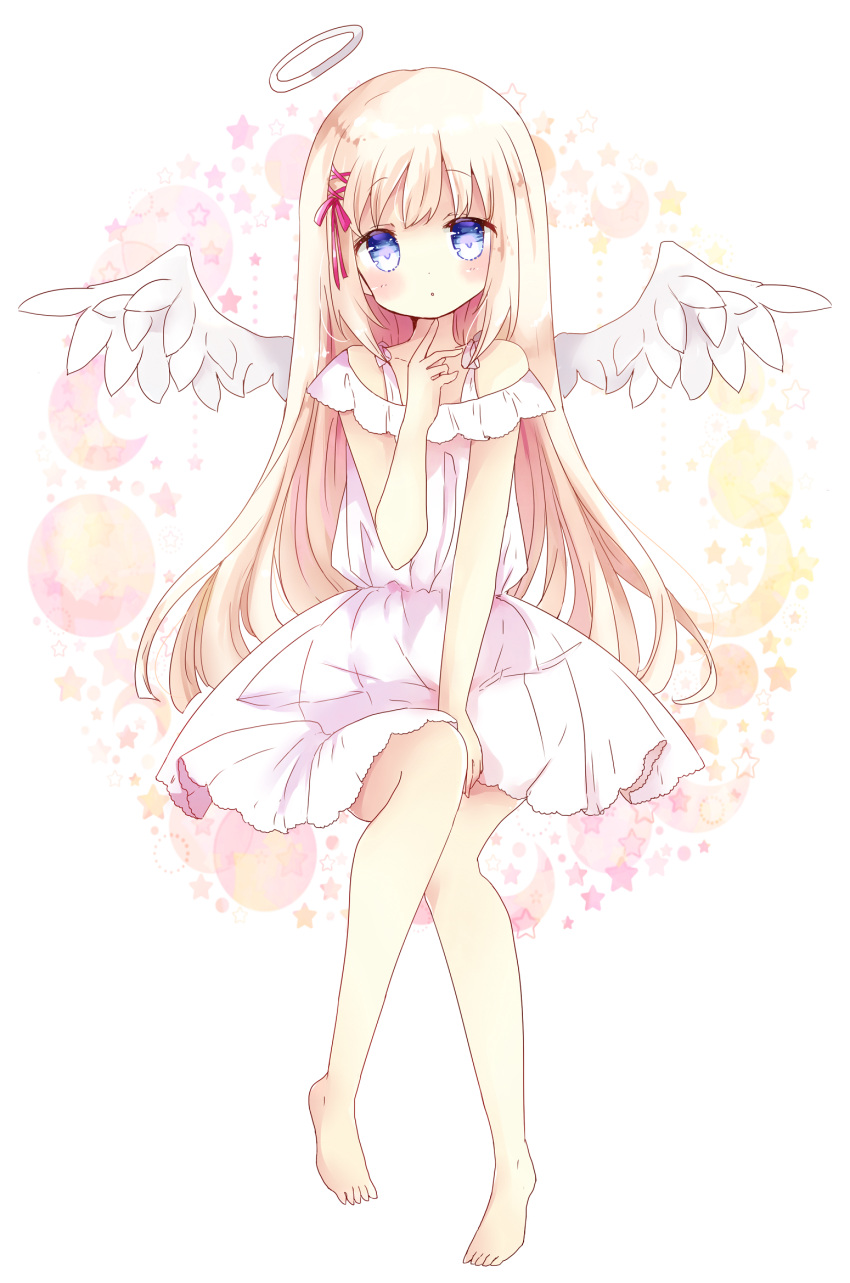 1girl, :o, angel_wings, bare_arms, bare_legs, barefoot, blonde_hair, blue_eyes