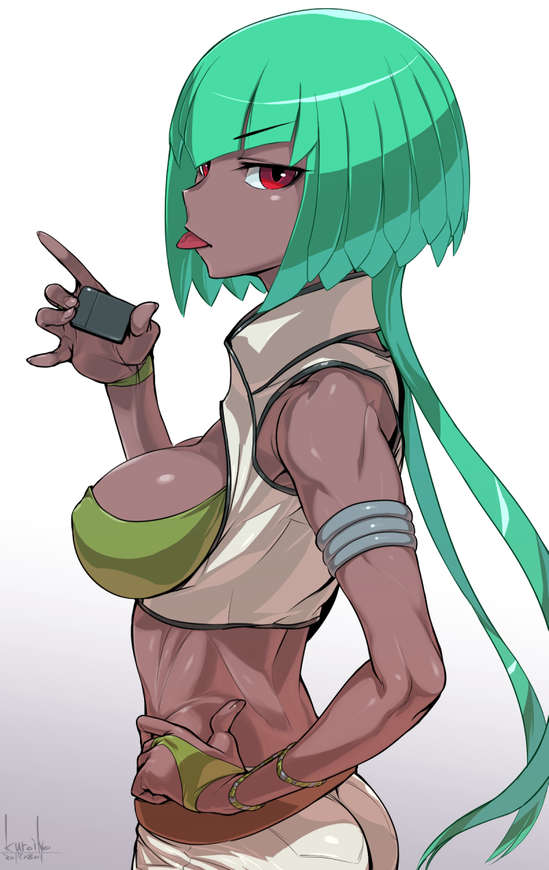 1girl, :p, armlet, back, bangs, bare_shoulders, blunt_bangs, bob_cut, bracelet, breasts, cleavage, cowboy_shot, crop_top, dark_skin, emerald_sustrai, eyebrows_visible_through_hair, from_side, green_hair, hand_on_hip, hand_on_own_face, highres, jewelry, kuroino_(0kuro8ino6), long_hair, looking_at_viewer, looking_back, medium_breasts, midriff, navel, pants, red_eyes, rwby, simple_background, sleeveless, solo, stomach, tongue, tongue_out, white_background, white_pants