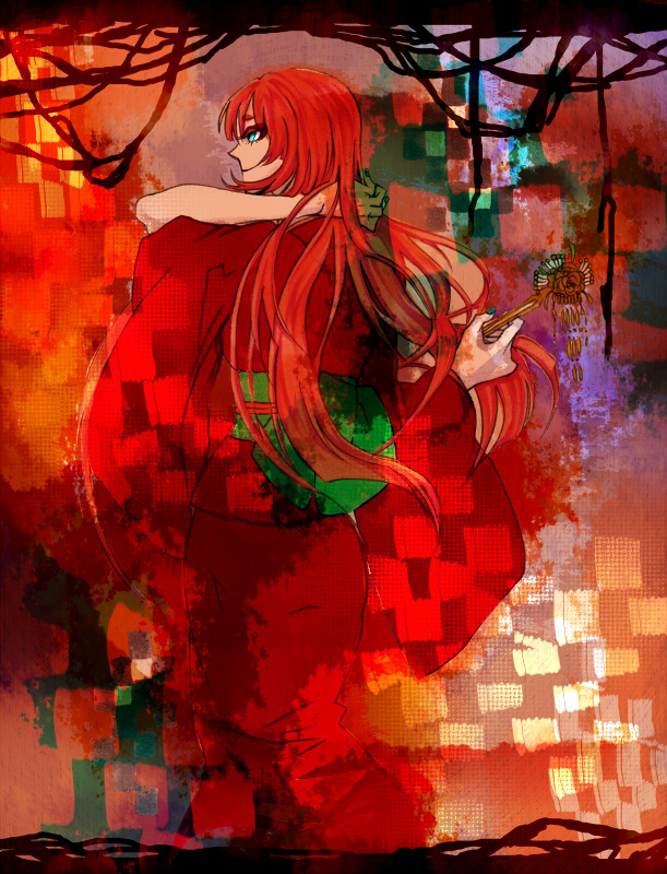 1girl, adjusting_hair, aqua_hair, back, bunching_hair, enbizaka_no_shitateya_(vocaloid), evillious_nendaiki, hair_ornament, hairpin, hand_in_hair, holding, japanese_clothes, kanzashi, kimono, looking_afar, looking_to_the_side, megurine_luka, nagori_(voyage), obi, red_kimono, sash, sudou_kayo, vocaloid, wide_sleeves