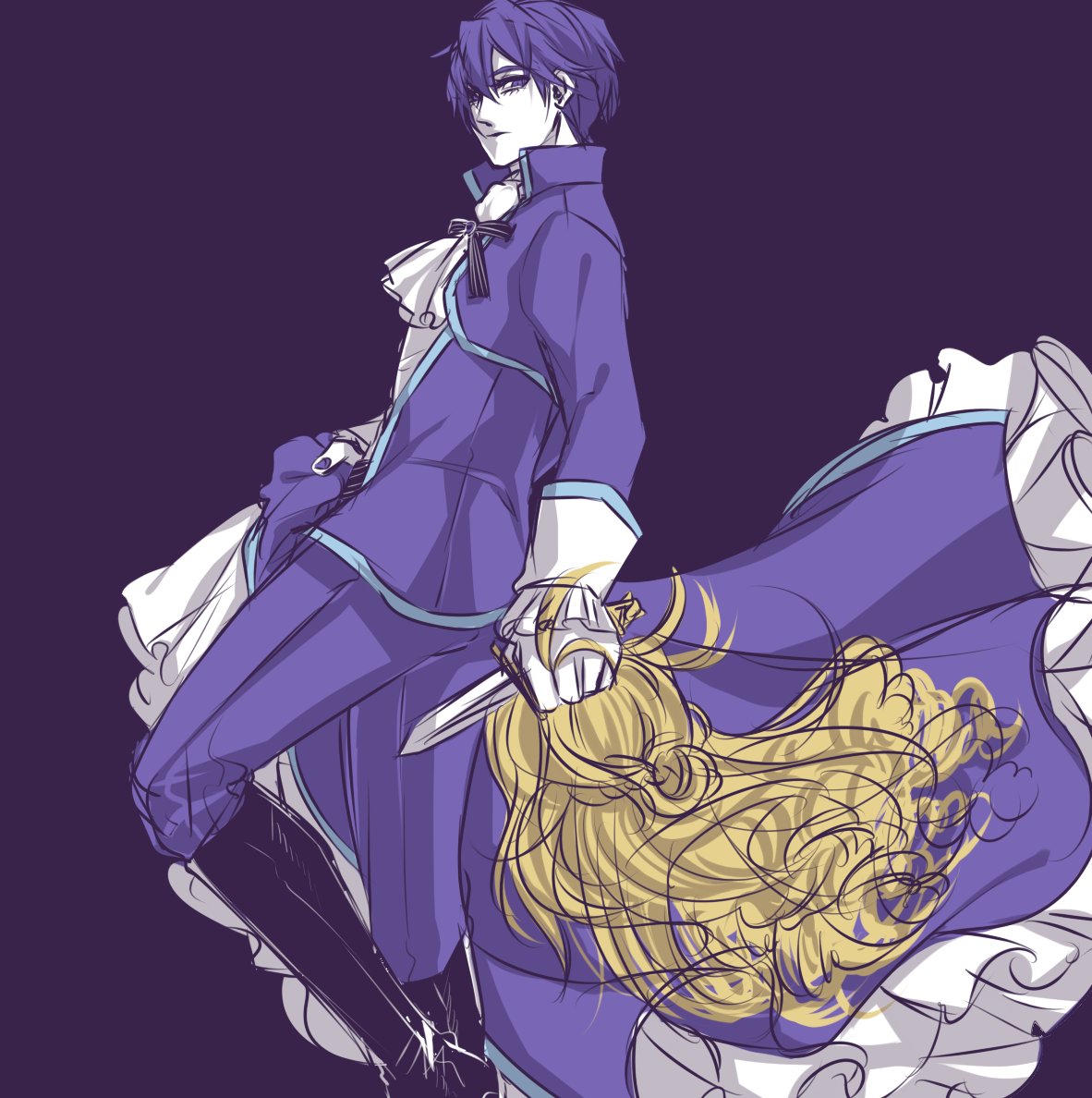 black_boots, blue_eyes, blue_hair, blue_suit, boots, cravat, dress, evillious_nendaiki, frilled_dress, frills, high_boots, holding_dagger, holding_dress, kaito, karchess_crim, limited_palette, looking_back, nagori_(voyage), ruffled_sleeves, sketch, venomania_kou_no_kyouki_(vocaloid), vocaloid, wig