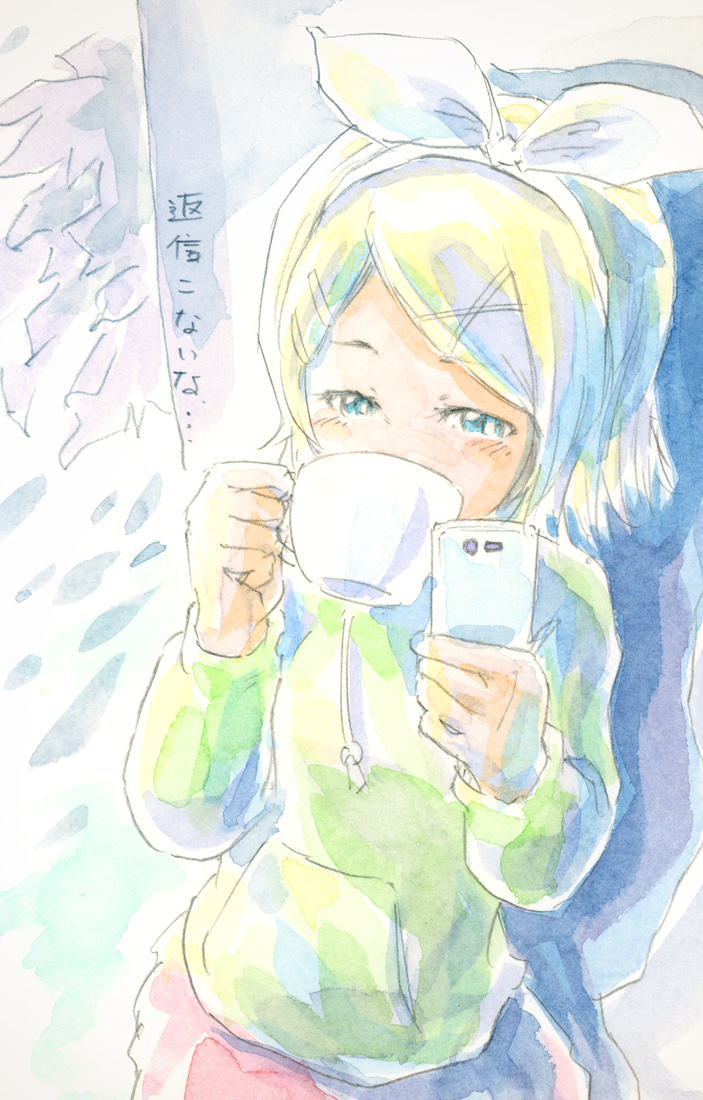 1girl, blonde_hair, blue_eyes, bow, cellphone, cup, drinking, epoxy_putty