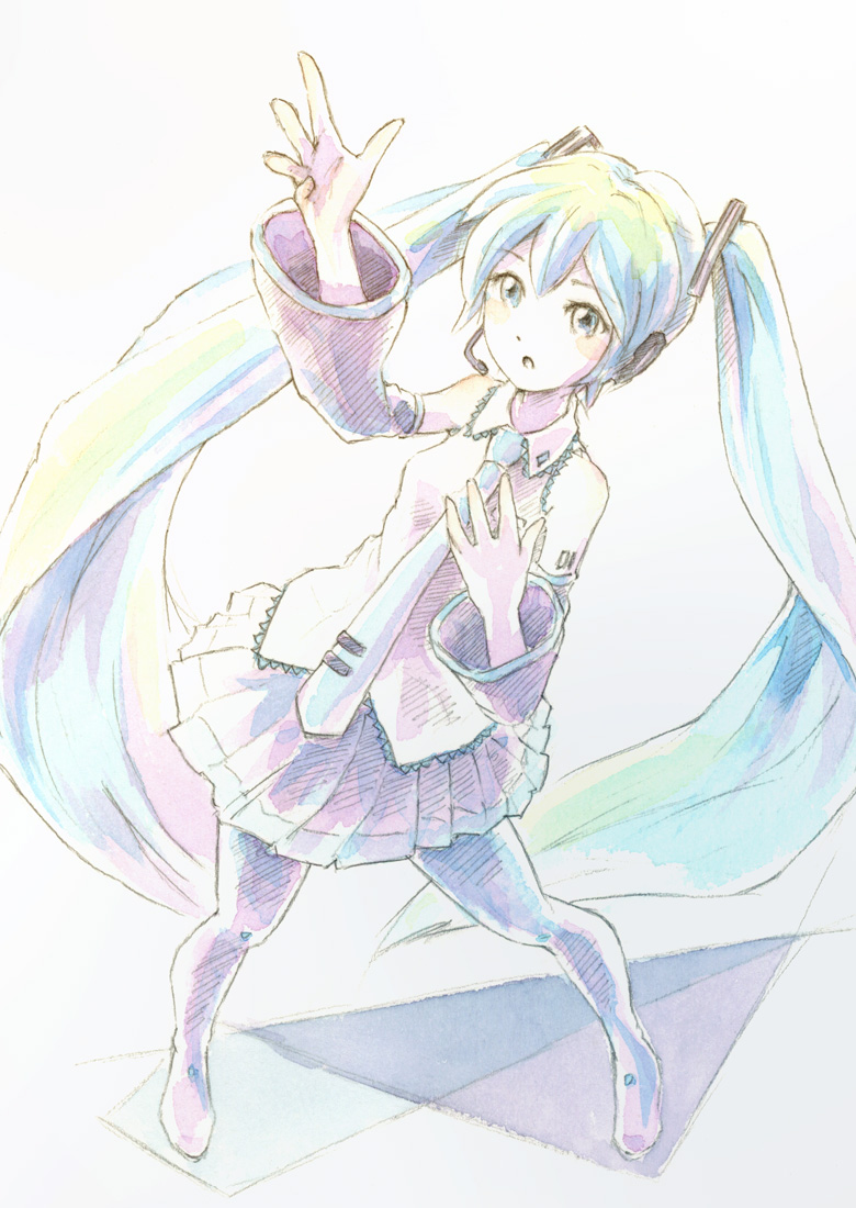 1girl, aqua_eyes, aqua_hair, arm_tattoo, bare_shoulders, black_legwear, boots, detached_sleeves