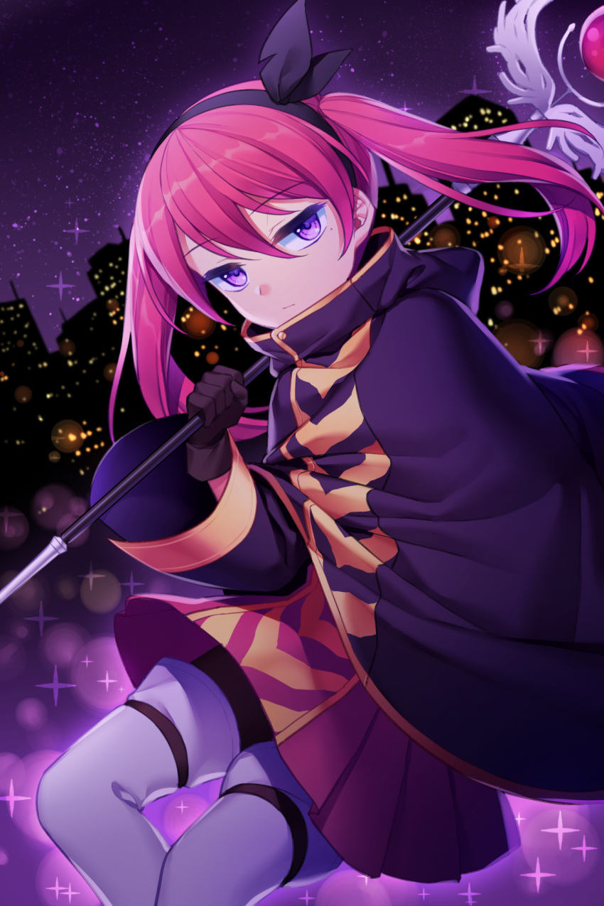 1boy, americano_beans, americano_exodus, bow, cape, city, cityscape, commentary, expressionless, eyebrows_visible_through_hair, feet_out_of_frame, hair_bow, highres, holding, holding_staff, jenevan, jitome, looking_at_viewer, medium_hair, night, night_sky, pink_hair, pink_skirt, skirt, sky, solo, staff, star_(sky), starry_sky, thigh-highs, trap, twintails, violet_eyes, white_legwear, wide_sleeves