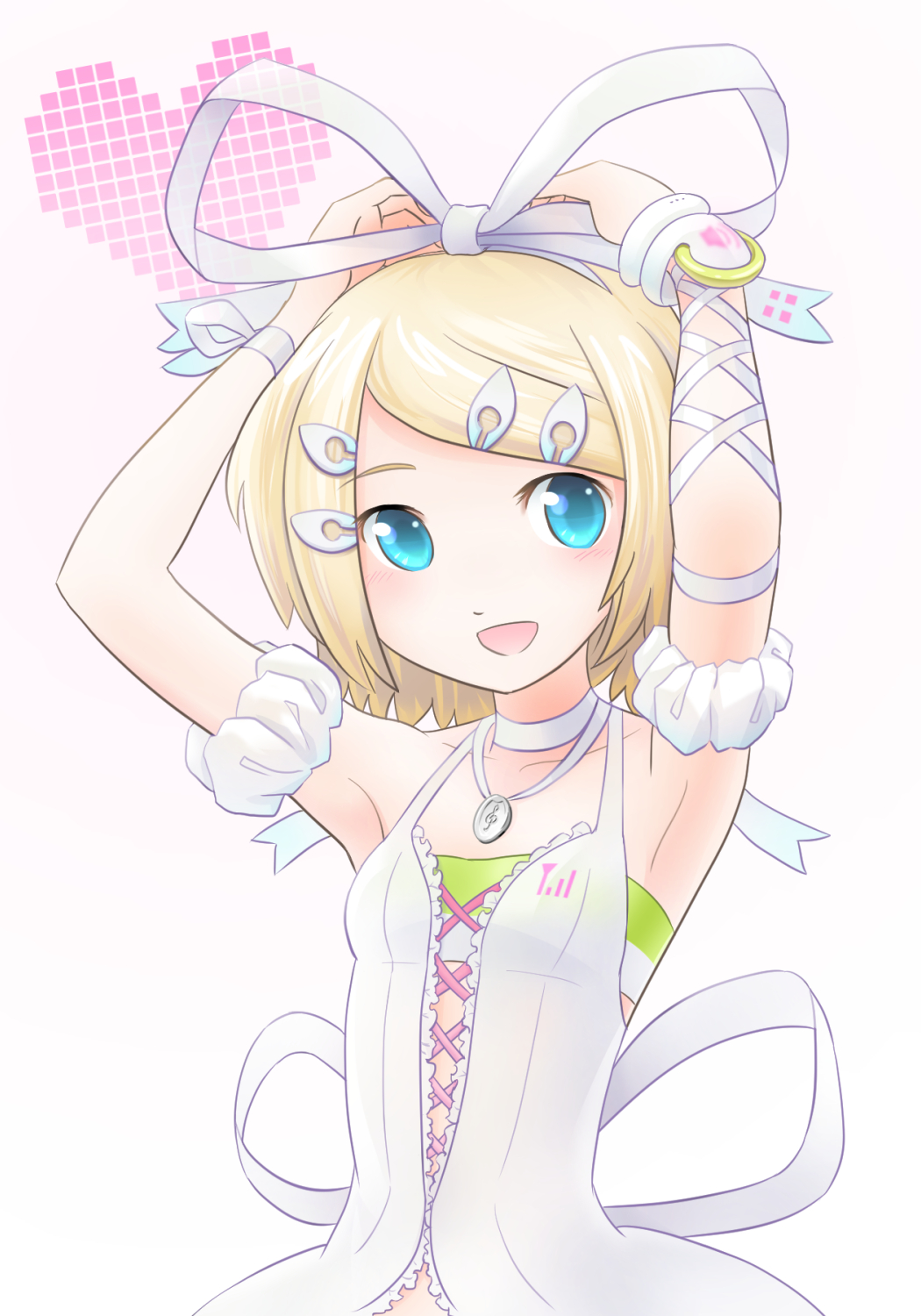 1girl, adjusting_hair, armpits, arms_up, bare_shoulders, blonde_hair, blue_eyes, blush, breasts, collarbone, cute_(module), epoxy_putty, hair_ornament, hairclip, highres, jewelry, kagamine_rin, looking_at_viewer, necklace, open_mouth, project_diva_(series), project_diva_2nd, ribbon, short_hair, small_breasts, smile, solo, tagme, treble_clef, vocaloid