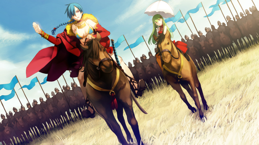 2girls, 6+boys, arm_up, army, bikini, blue_hair, braid, breasts