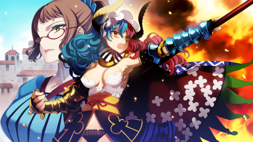2girls, alexander_(eiyuu_senki), aristotle_(eiyuu_senki), armpits, black_panties, breasts, brown_hair, cape
