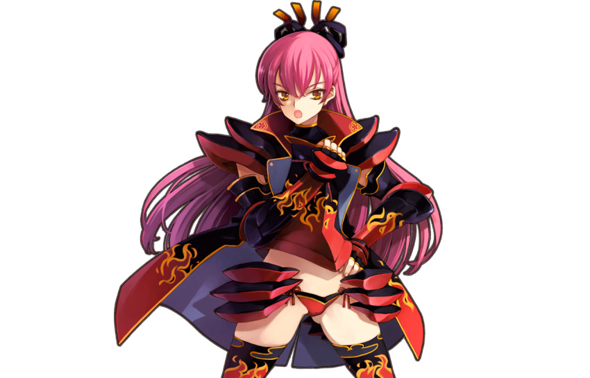 1girl, armor, bikini_bottom, cape, cowboy_shot, eiyuu_senki, hair_ribbon, hand_on_hip