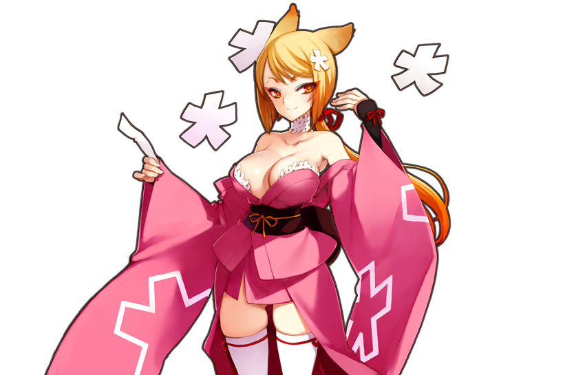 1girl, abe_no_seimei_(eiyuu_senki), animal_ears, bangs, bare_shoulders, blonde_hair, breasts, cleavage