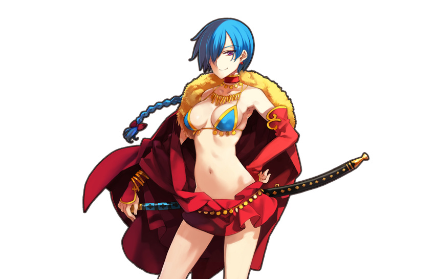 1girl, bare_shoulders, bikini_top, blue_hair, breasts, choker, cleavage, collarbone, contrapposto, cowboy_shot, earrings, eiyuu_senki, elbow_gloves, gloves, hair_over_one_eye, hand_on_hip, jewelry, kublai_khan_(eiyuu_senki), looking_at_viewer, navel, necklace, ooyari_ashito, short_hair, smile, solo, sword, transparent_background, violet_eyes, weapon