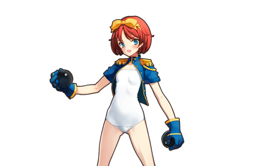 1girl, blue_eyes, blush, cowboy_shot, eiyuu_senki, gloves, hair_ribbon, looking_at_viewer